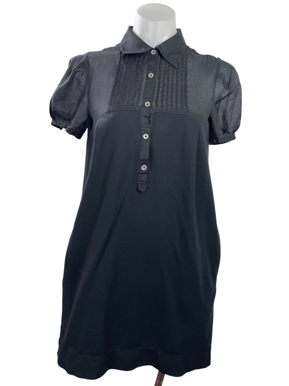 Theory Women's Black Button Puff Short Sleeve Collared Mini Shirt Shift Dress M